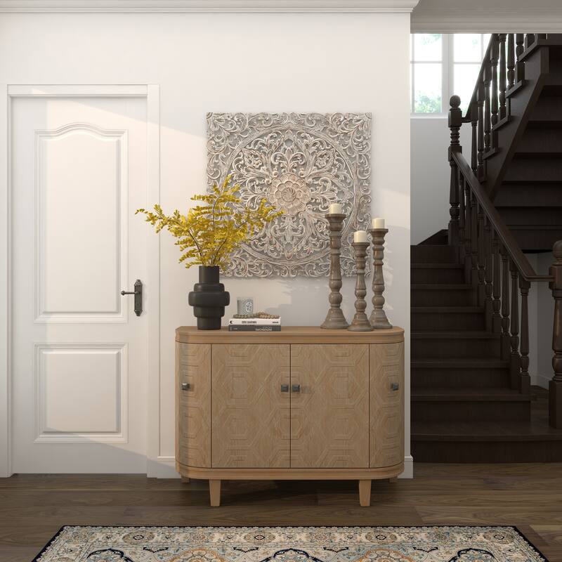 White Wood Handmade Intricately Carved Mandala Floral Home Wall Decor with Brown Distressing