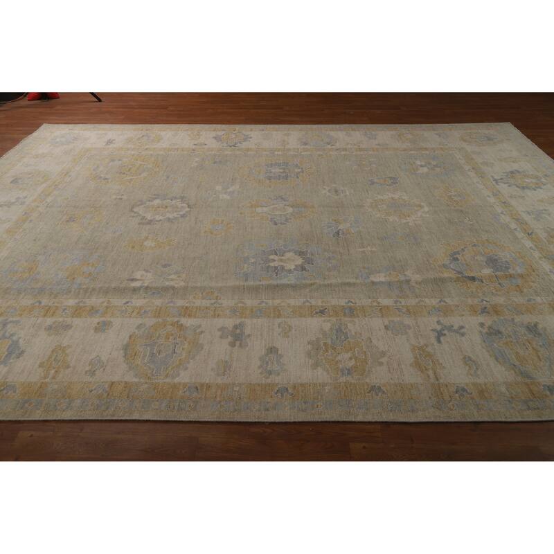 Hand Knotted Oriental 100% Wool Carpet Transitional All-Over Beige & Ivories Oushak Area Rug - 11' 8'' X 9' 1''