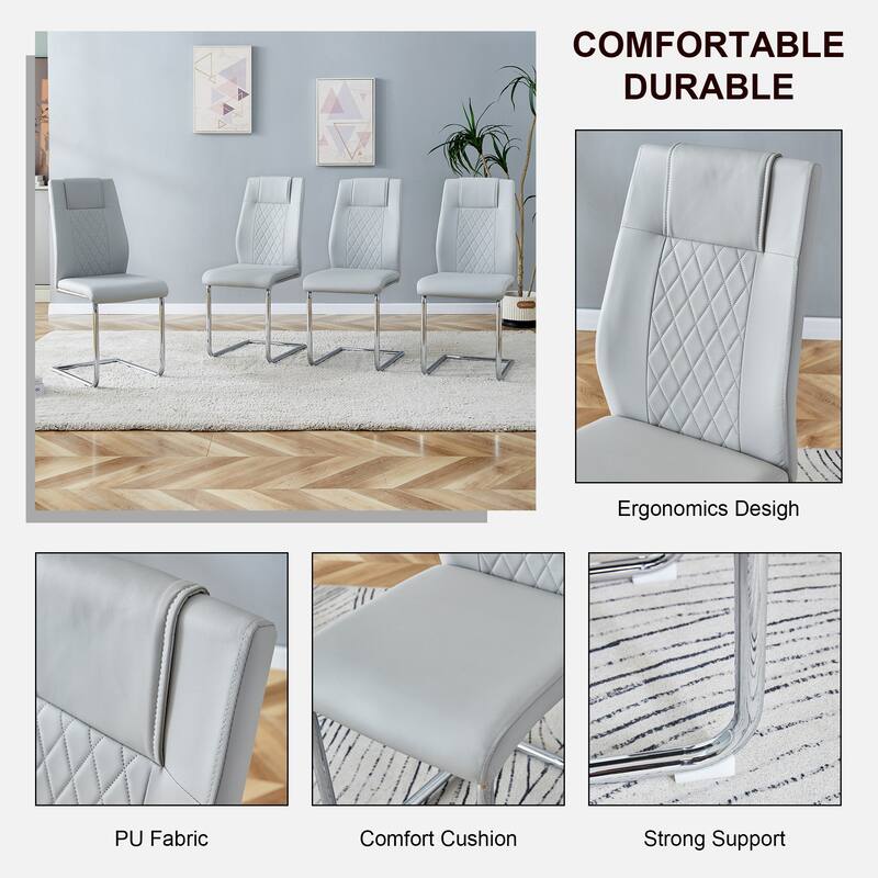 Kitchen Rectangle Dining Table Set for 4, 63" Faux Marble Glass Table with Stainless Steel Legs and PU Upholstered Chairs