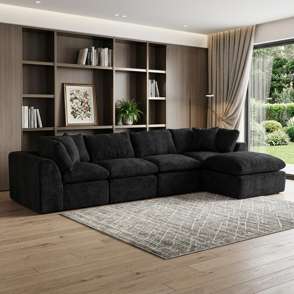 HomeRoots 138" Black Chenille Modular Sofa With Ottoman And Toss Pillows