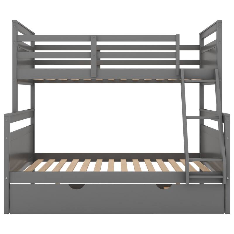 Twin over Full Bunk Bed with Ladder, Twin Size Trundle, Safety Guardrail, White and Grey