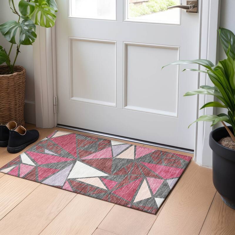 Machine Washable Indoor/ Outdoor Abstract Mosaic Chantille Rug - Burgundy - 1'8" x 2'6"