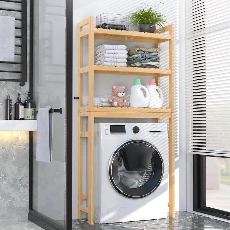 Over The Toilet Storage Shelf, Bamboo 3-Tier Above Toilet Storage Rack with 3 Hooks
