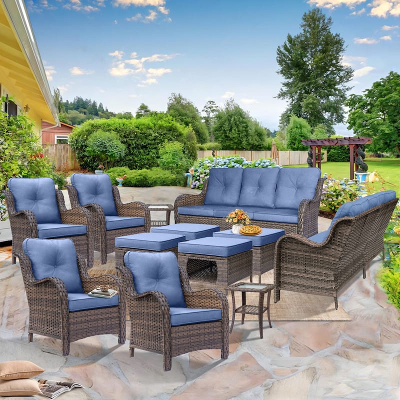Wicker Outdoor Patio Conversation Deep Seating Sofa Sets with Cushions - 12 Piece - Denim Blue