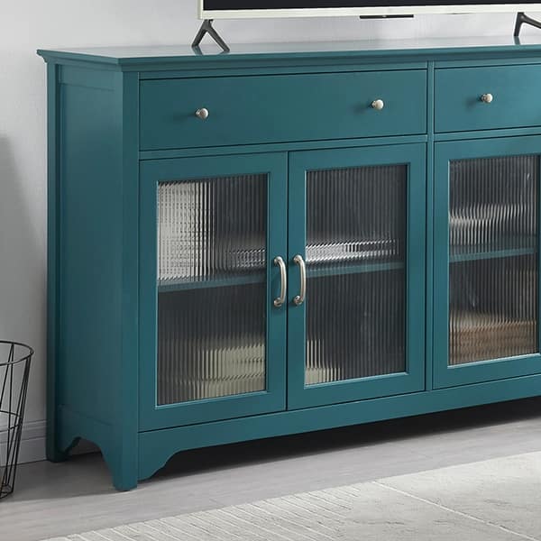 Multifunctional Teal Blue TV Console with Glass Doors and Cable