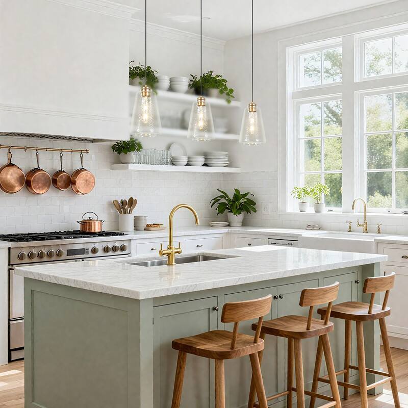 Modern Gold 1-Light Textured Clear Glass Pendant Light for Kitchen Island - D7.9"xH12.5"