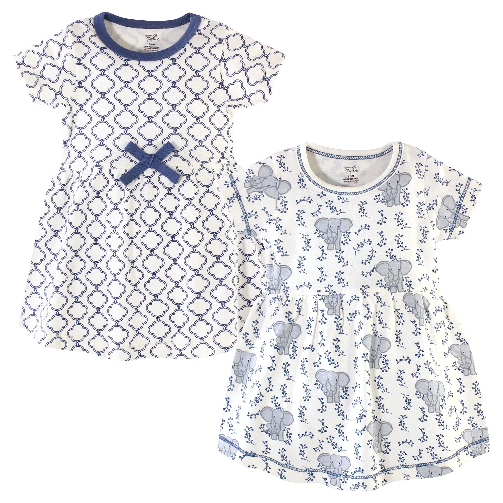 Touched by Nature Baby and Toddler Girl Organic Cotton Short-Sleeve Dresses 2pk, Blue Elephant