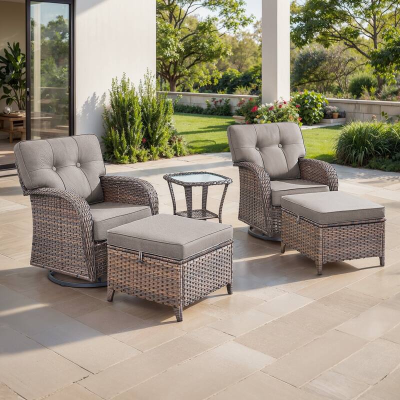 TWrap Brown Wicker Patio 5-Piece Swivel Gliders Conversation Set with 5-Inch Thick Cushions - Brown/Gray - 5-Piece