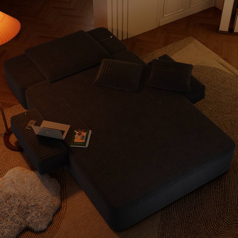 Luxurious Plush Corduroy Chaise Lounge Convertible Sofa Bed with Storage Pocket and Wide Armrests