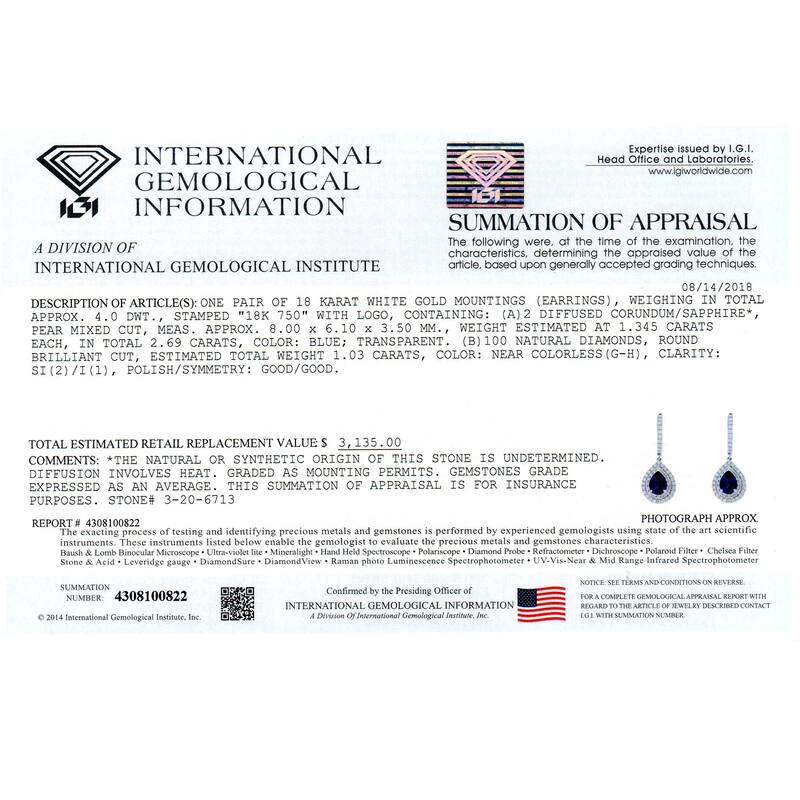 Auriya Fancy Teardrop 2 5/8ct Blue Sapphire and 1.03ct Diamond Double Halo Dangle Earrings 18k Gold