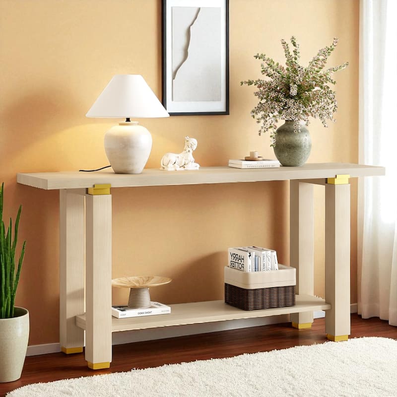 62.9" Modern Minimalist Console Table with Metal Accents, Solid Pine Wood Legs and Bottom Storage Shelf for Entryway - Natural