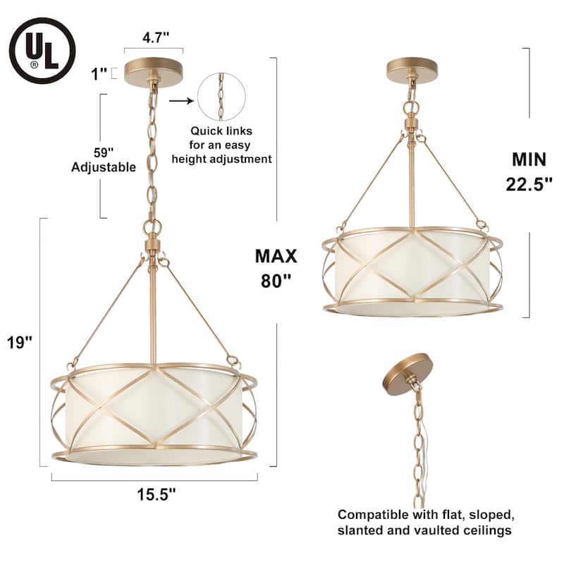 Transitional Drum Chandelier Fabric Cross Metal Ceiling Light 3-light for Dining Room - Rose Gold - D15.5"x H 19"