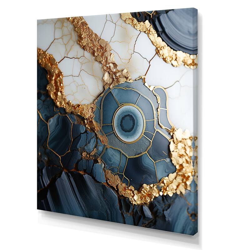 Designart "Gold And Blue Geode Art IV" Abstract Liquid Ink Wall Art Gold - Modern Wrapped Canvas For Hallway Décor