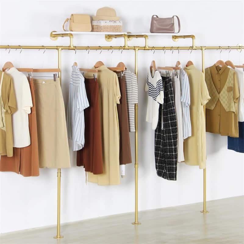Gold pipe clothing rack for Hanging Clothes rack with 3 T-Bar Design - 11.8"D x 118"W x 63"H