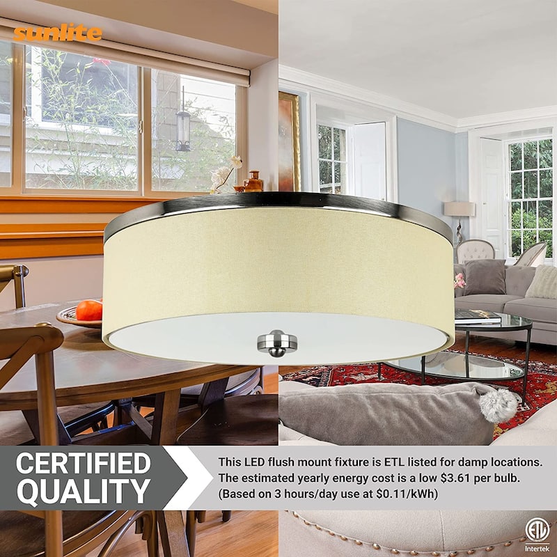 Sunlite 17 in. Brushed Nickel Fabric Drum LED Flush Mount Lighting Fixture, Color Selectable LED 2700K 3000K 3500K 4000K 5000K