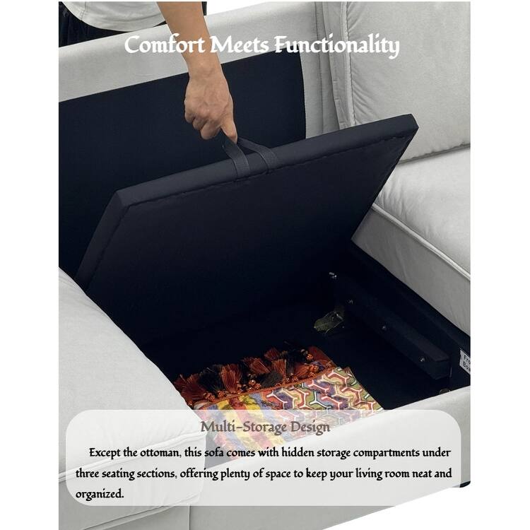 Upholstered L-Shaped Sectional Sofa Couch with Ottoman, Modern Fabric Deep Seat Sofa