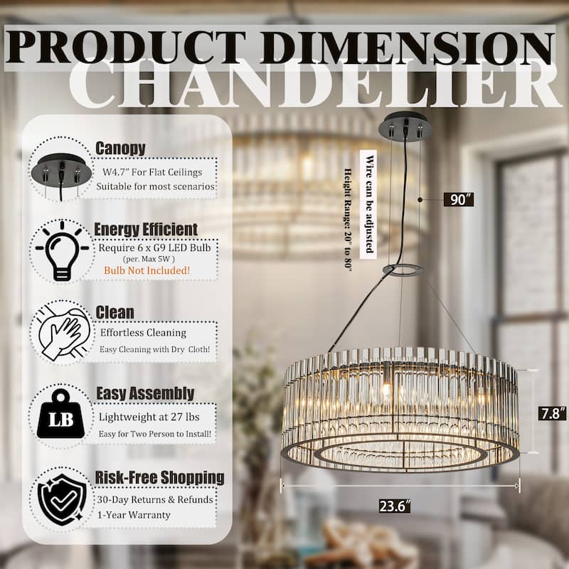 6-Light Modern Luxury Matte Black Tier Round Chandelier W24 in. With Glass Rods Accent