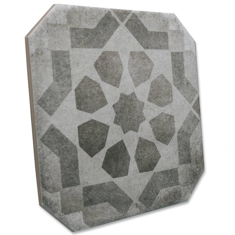 Merola Tile Laverton Octagon Deco Sombra with Grafito 7-7/8" x 7-7/8" Porcelain Floor and Wall Tile