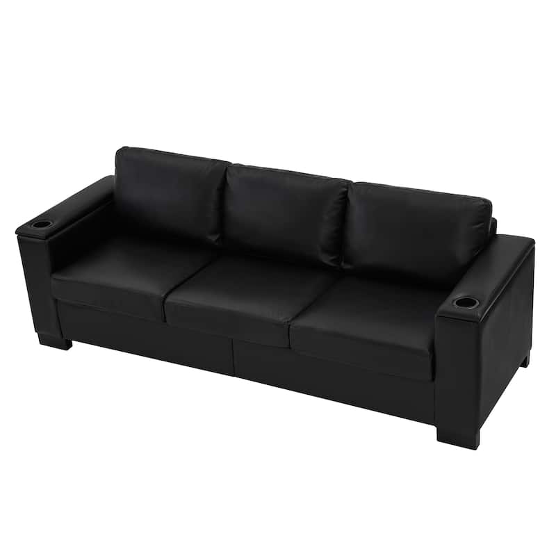 3 Seater PU Leather Upholstered Sofa with Cup Holders and Storage