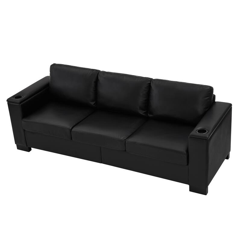 Faux Leather Upholstered Loveseat, Oversized 3 Seater Sofa with Square Arms, Deep Seat Sofa with Cup Holder & Storage