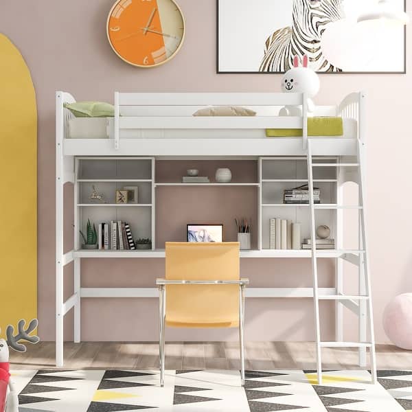 slide 2 of 14, Multifunctional Design Wood Loft Bed with Built-in Storage Shelves, Desk and Ladder, Twin size, White White
