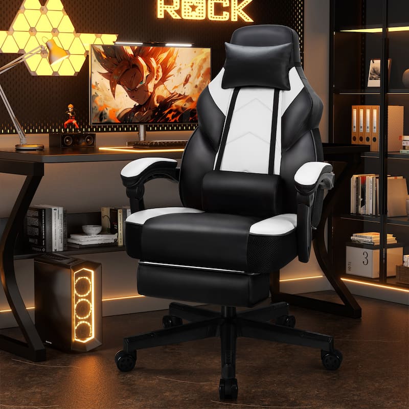 Futzca Gaming Chair PU Leather Office Chair with Headrest, Footrest & Massage Lumbar Support