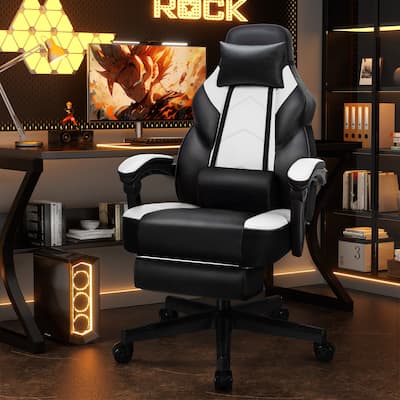 Futzca Gaming Chair PU Leather Office Chair with Headrest, Footrest & Massage Lumbar Support