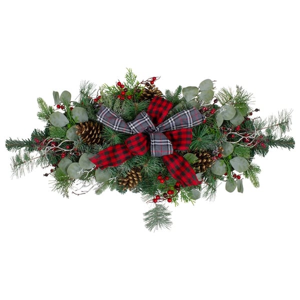slide 2 of 3, 36" Dual Plaid Bows and Red Berries Artificial Christmas Swag - Unlit