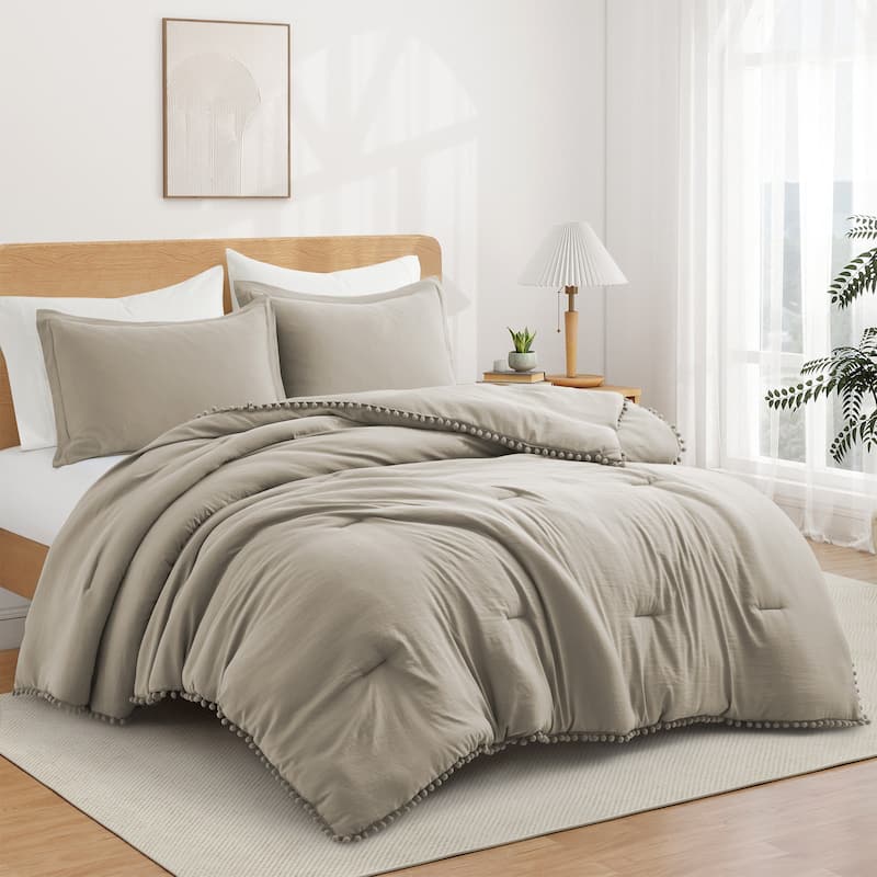 All Season Ball Pom Design Comforter Set with Pillowcases, Pom Pom Fringe Bedding Set - Khaki - Twin