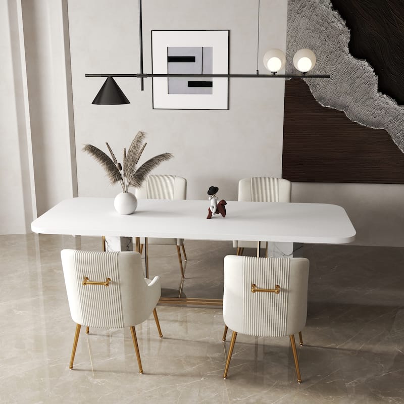 SEYNAR Modern Glam Boucle Pleated Velvet Dining Chair or Vanity Chair Set of 4 with Rear Handle - Beige