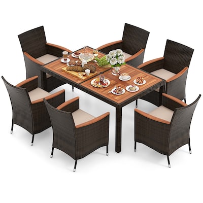 7 PCS Outdoor Wicker Dining Set Patio Wood Table and Chairs Set