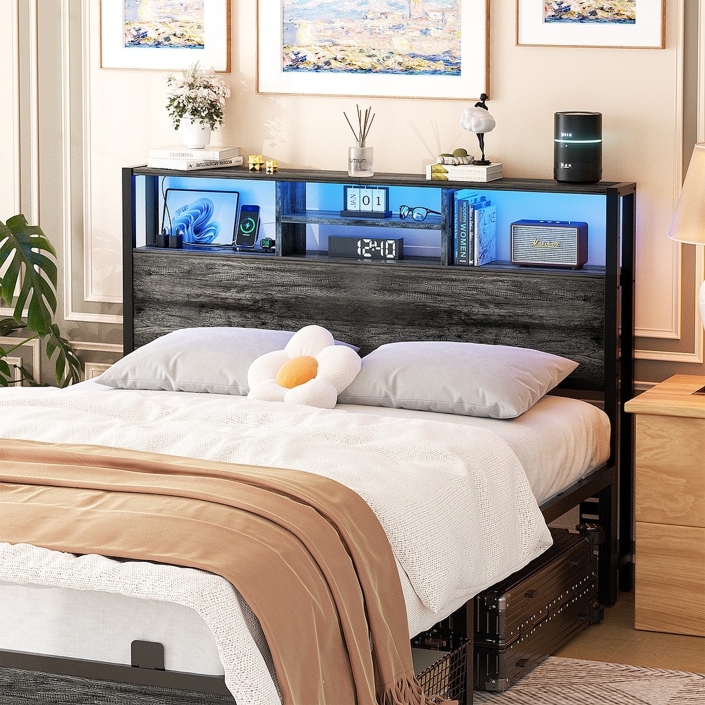 Headboard with Storage and Charge Station, Platform Bed Heaboard with LED Lights Headboard Only