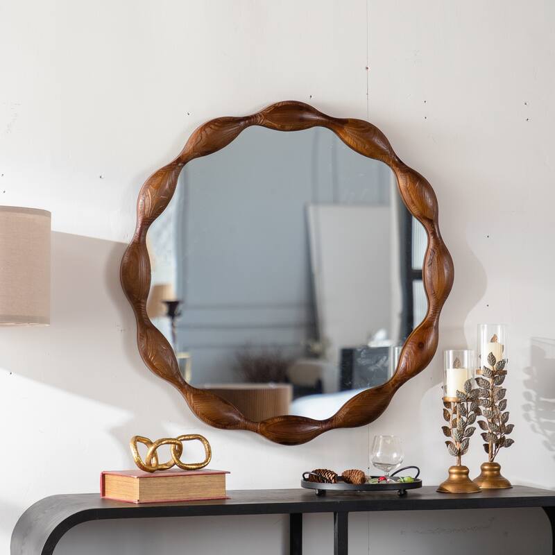 32.28" Solid Wood Round Mirror, Rustic Farmhouse Wavy Irregular Decorative Wall Mirror - Walnut - Walnut