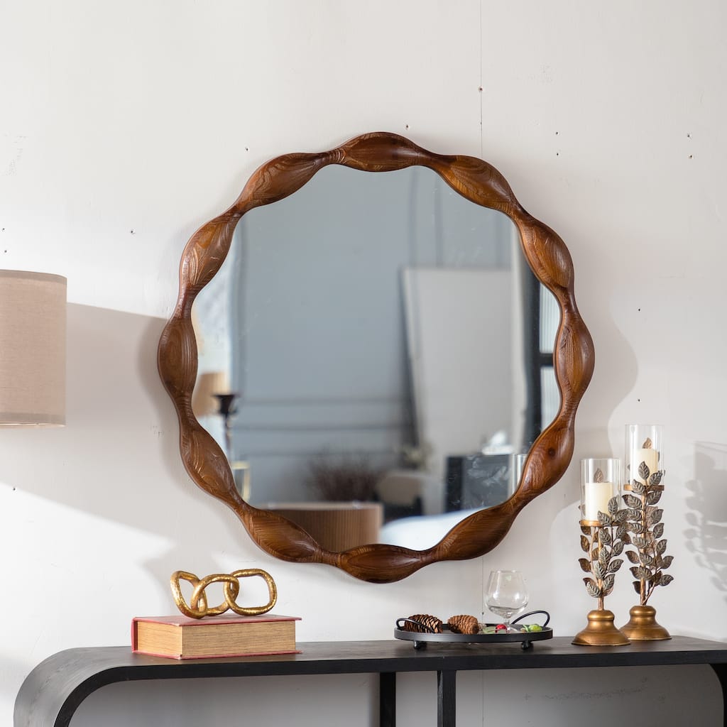 32.28" Solid Wood Round Mirror, Rustic Farmhouse Wavy Irregular Decorative Wall Mirror - Walnut