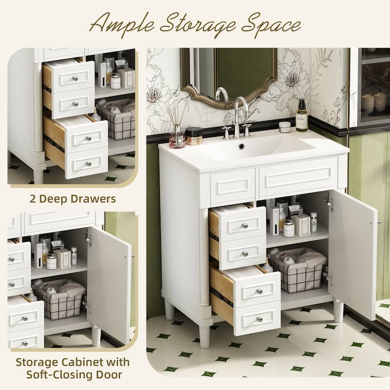 Modern 30" Bathroom Vanity Cabinet with Sink, 2 Drawers, Soft Close Door & Solid Wood Legs