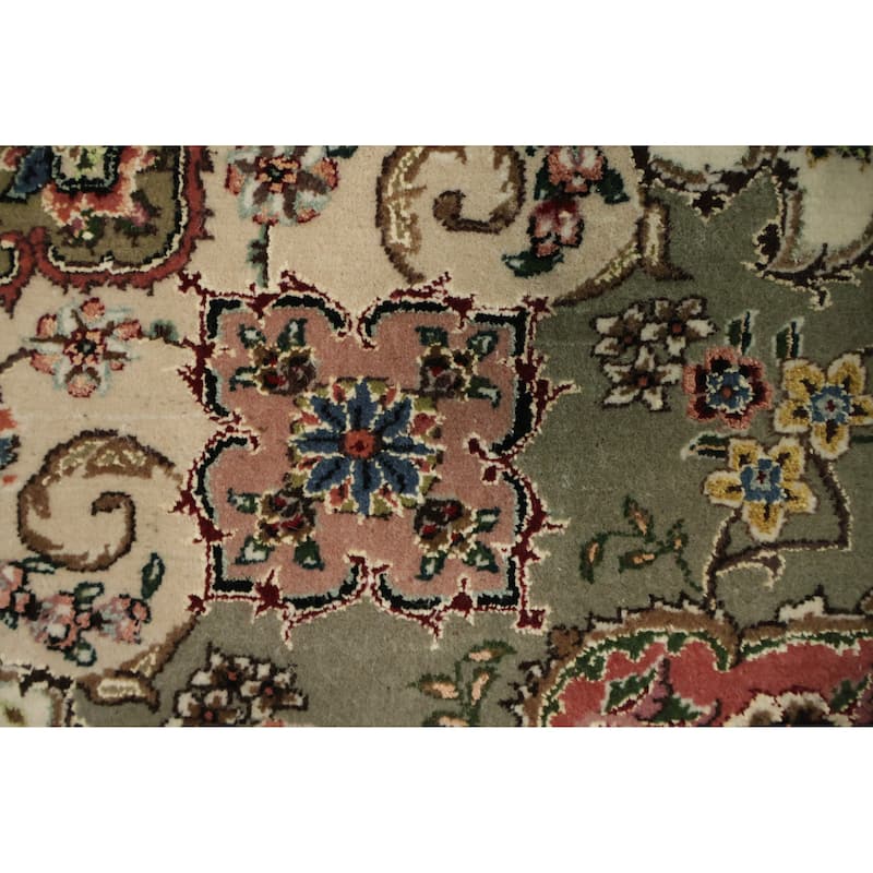 Hand Knotted Oriental Wool & Silk Carpet Traditional Floral Black Tabriz Area Rug - 11' 9'' X 9' 1''