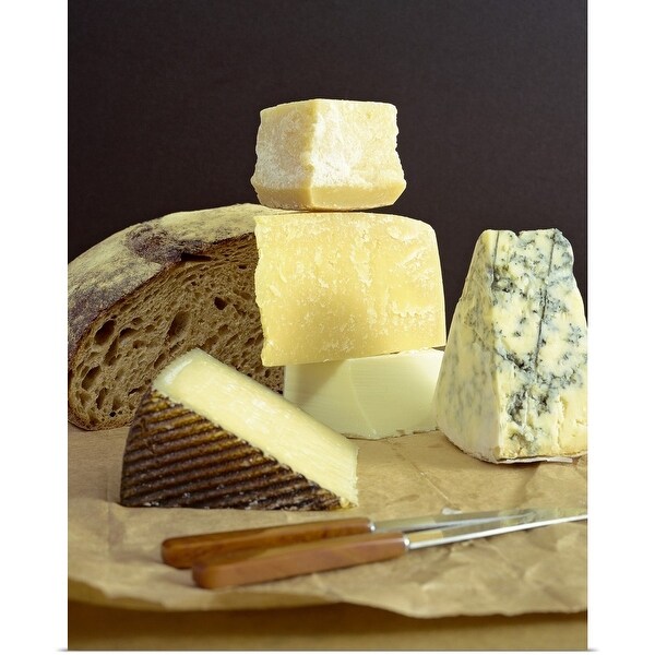 "Cheeses and bread on block with knives" Poster Print
