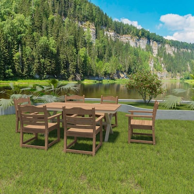 Outdoor 2 Piece Teak Imitation Wood Grain Patio Dining Chairs with Armrests and Backrest for Restaurant Deck Pool Backyard