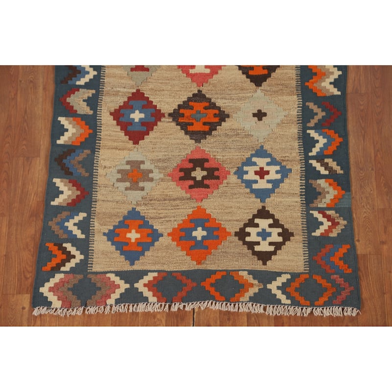 Geometric Kilim Shiraz Persian Accent Rug Hand-Woven Wool Carpet - 3'3" x 4'11"