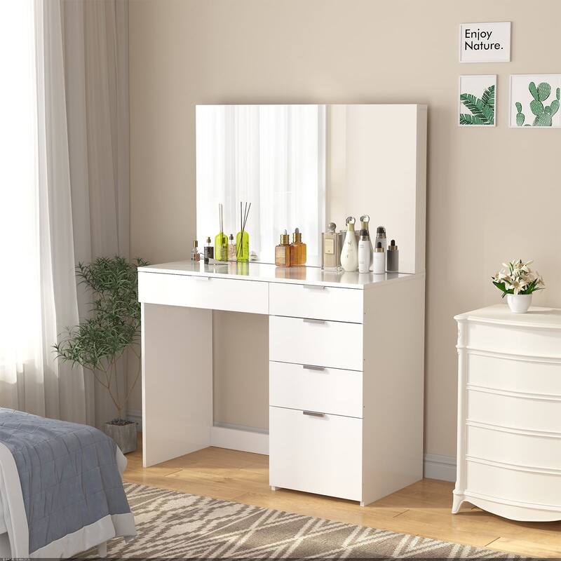SUGIFT Modern Vanity Table Vanity Desk with 5 Drawers, White - White