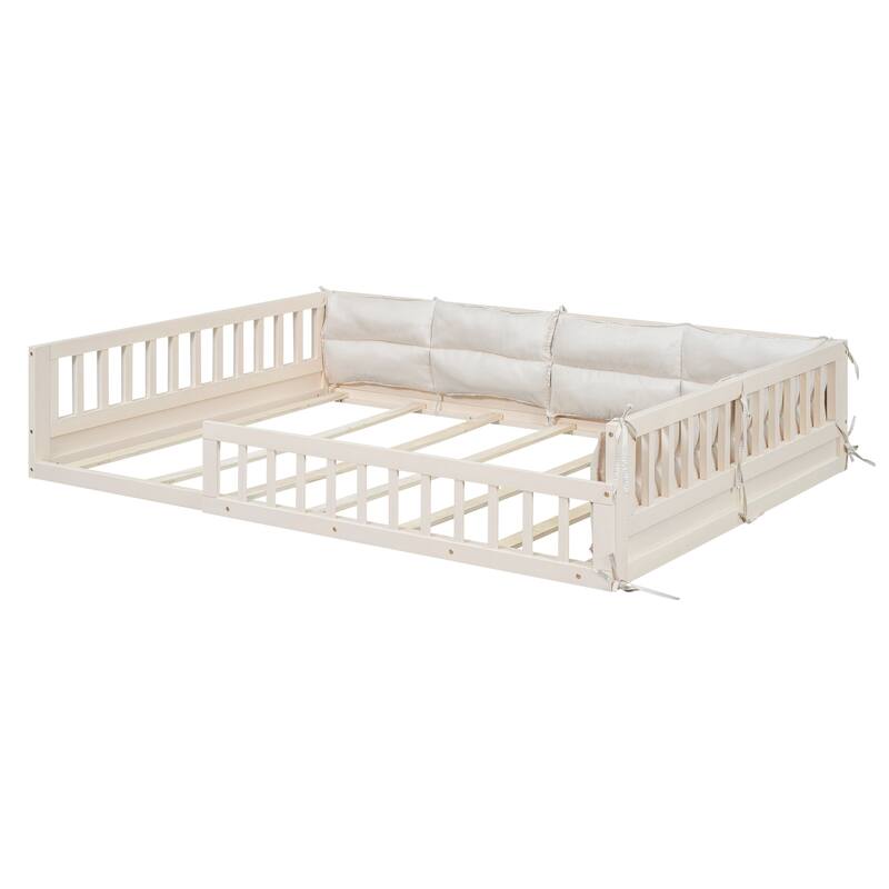 Full Size Upholstered Platform Bed Frame with Guardrail and Pillows, No Box Spring Required, Sturdy and Comfortable for Bedroom