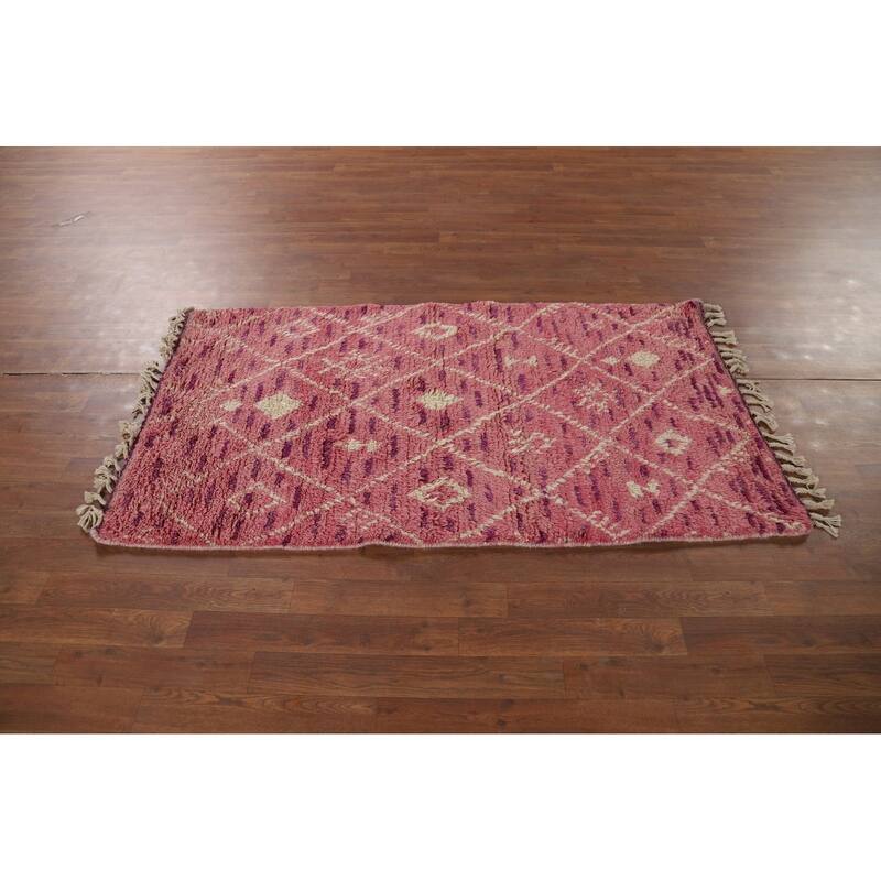 Pink Trellis Moroccan Oriental Accent Rug Hand-Knotted Wool Carpet - 3'1" x 5'4"