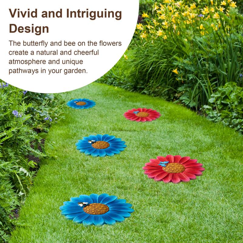 Glitzhome 6-Piece Butterfly and Bee on Daisy Cement Stepping Stones Pathway Decor - 10 in