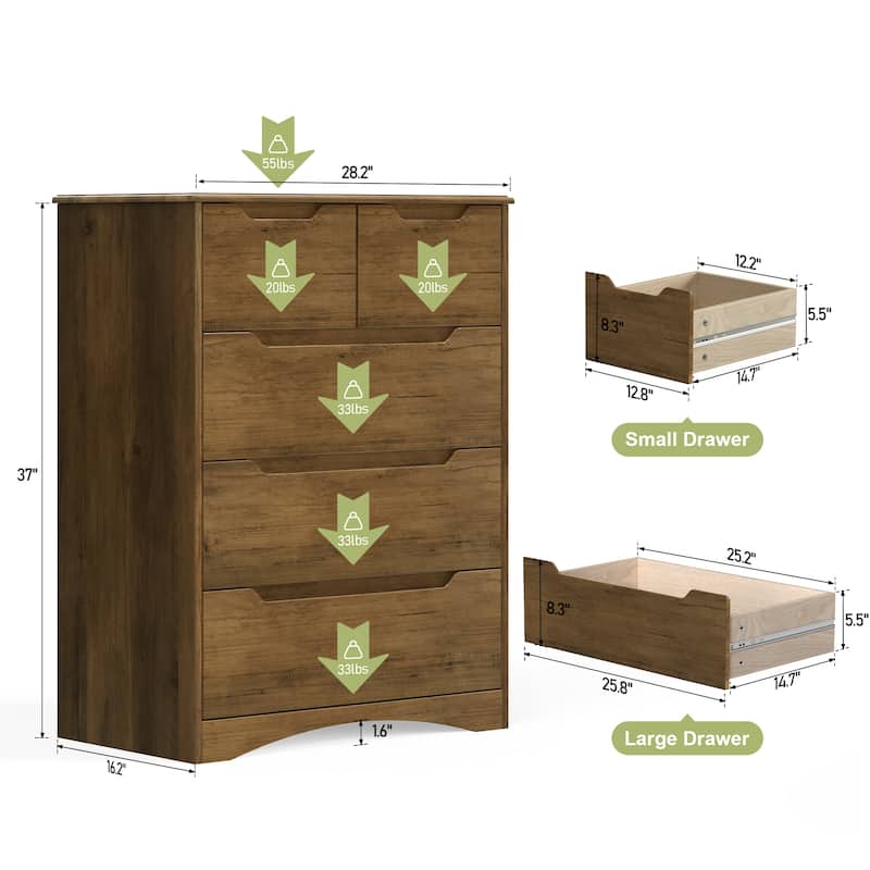 37 “ Tall Modern 5 Drawer Chest of Drawers Dresser Organizer, Vertical Clothes Storage Hanging Cabinet for Hallway, Bedroom
