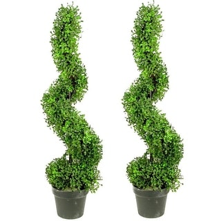 GTR4633-NATURAL-2 3-foot Faux Boxwood Spiral Topiary Plant in Plastic Pots (Set of 2)