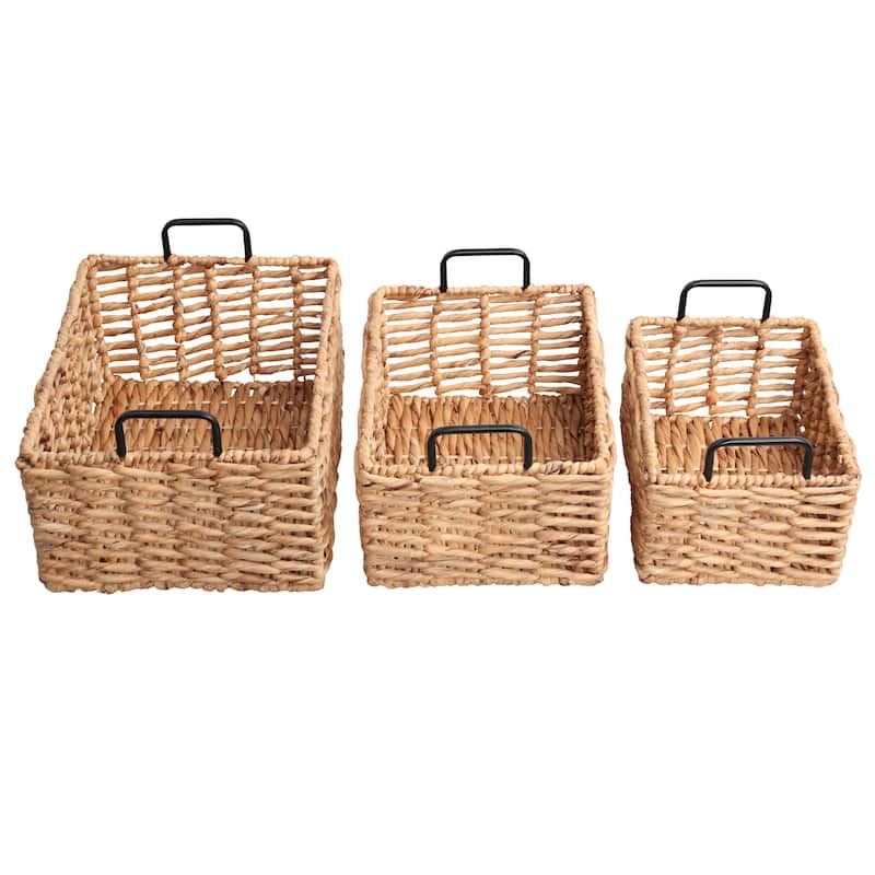 Savoy Handwoven Water Hyacinth Nesting Storage Baskets, Metal Handles (Set of 3)