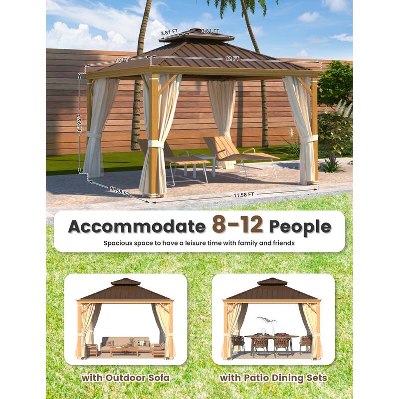 EROMMY Hardtop Gazebo with Galvanized Steel Roof and Curtains, Outdoor Aluminum Pavilion for Patio, Backyard, Lawn