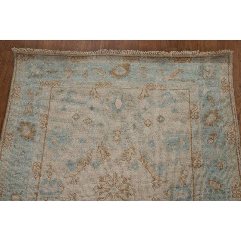 Hand Knotted Oriental 100% Wool Carpet Transitional Geometric Beige & Ivories Oushak Area Rug - 3' 11'' X 2' 11''