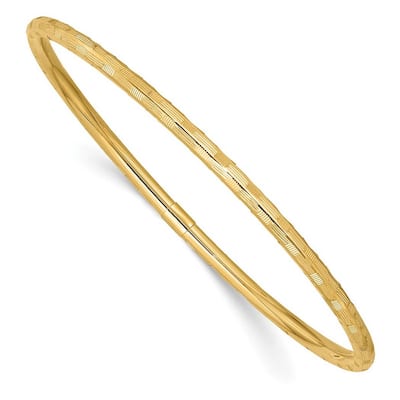 Curata 3mm 14k Yellow Gold Hollow Slip on Polished Textured Stackable Bangle Bracelet