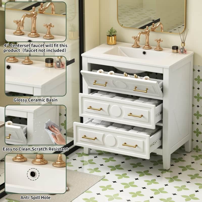 30'' Wooden Bathroom Vanity with Ceramic Sink Combo and Storage Cabinet